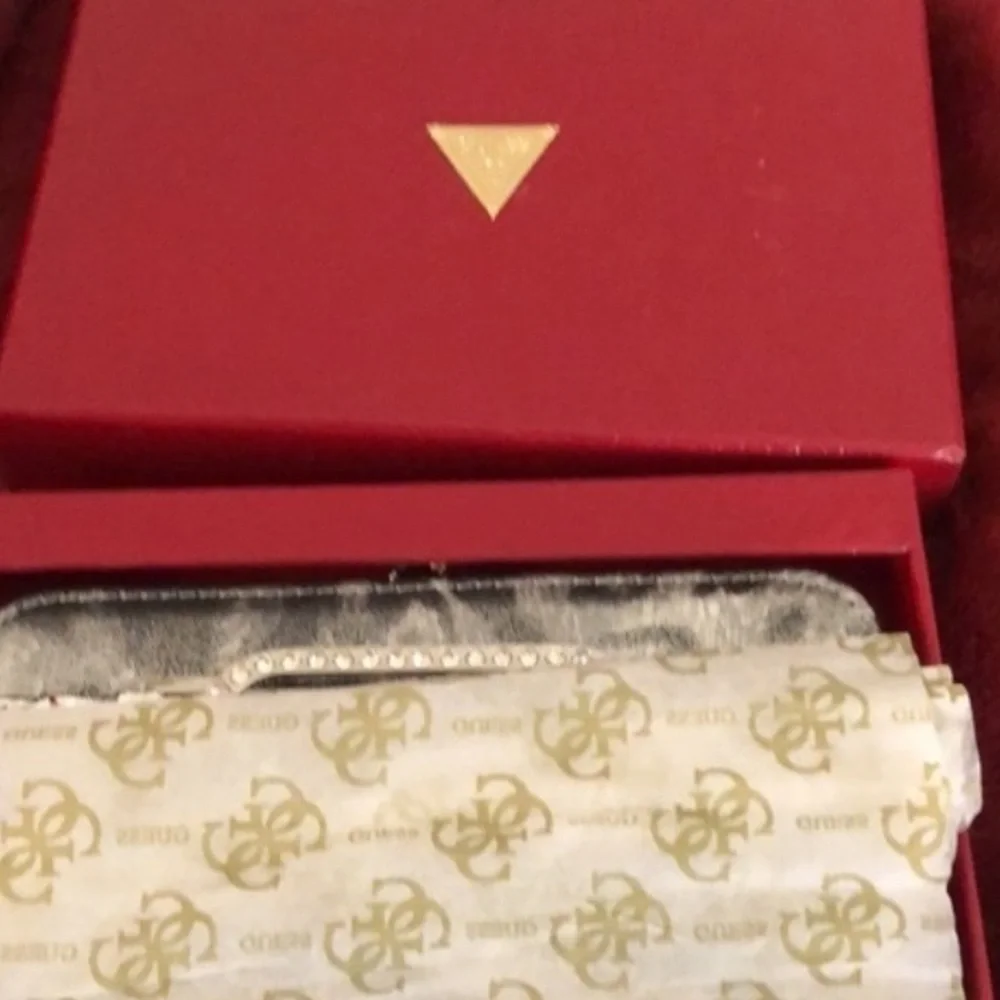 Guess gold metallic & animal print walllet clutch Rhinestone detail NIB